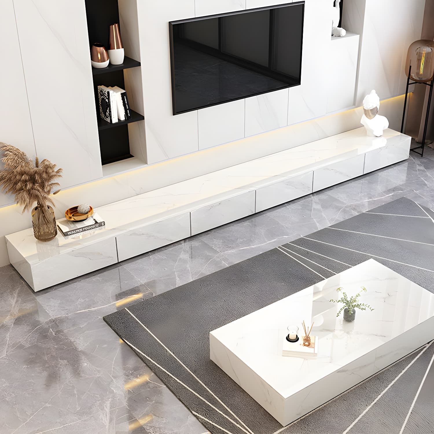 Stone TV Stand Modern TV Console with 6 Drawers Included, White thumbnail 4