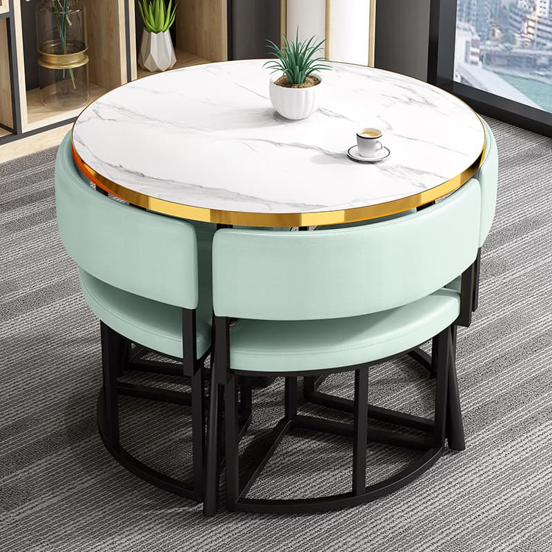 Art Deco Circular-shaped Upholstered Chair Metal & Faux Wood Dining Table Set with Upholstered Back in White, 5 Pieces thumbnail 15