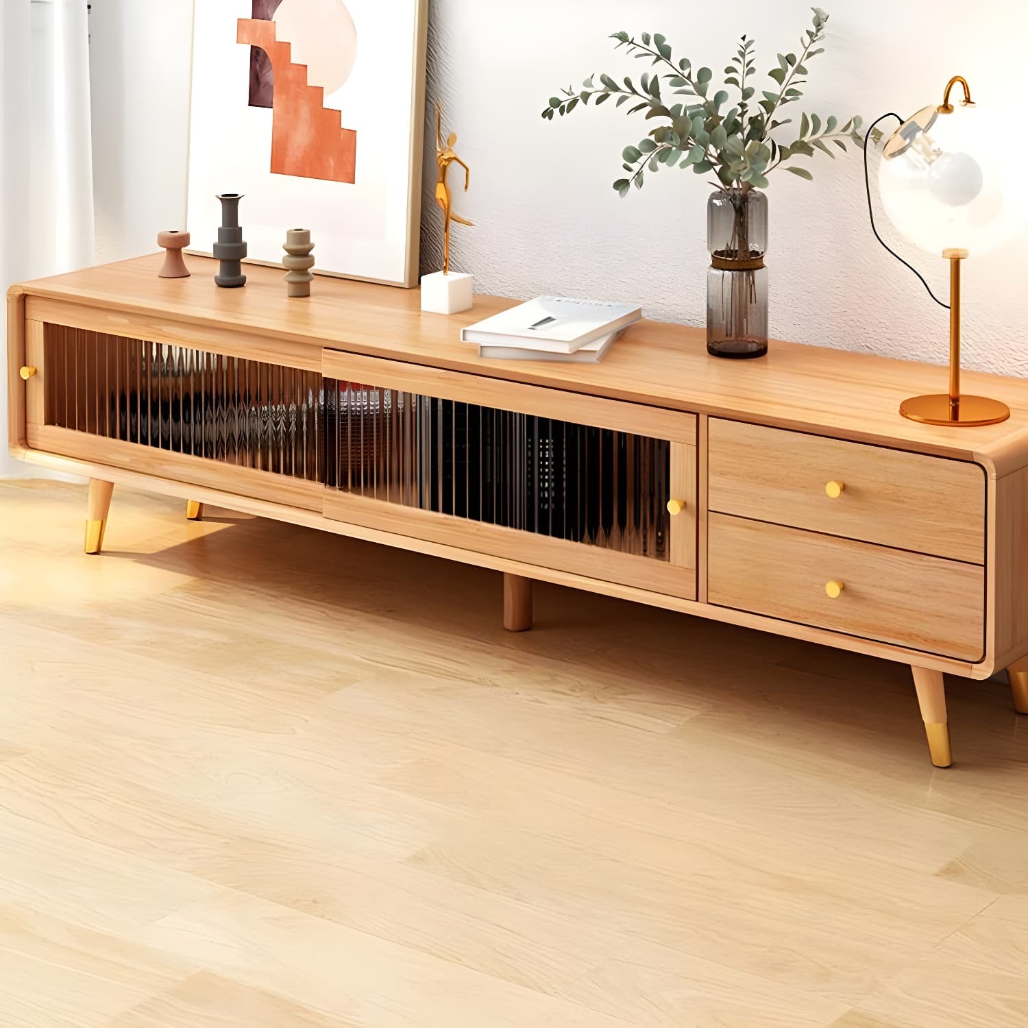 Scandinavian Style Low Height Wood TV Stand With 2 Drawers and Cabinet, Size 15.7'' x 17.7'' thumbnail 5