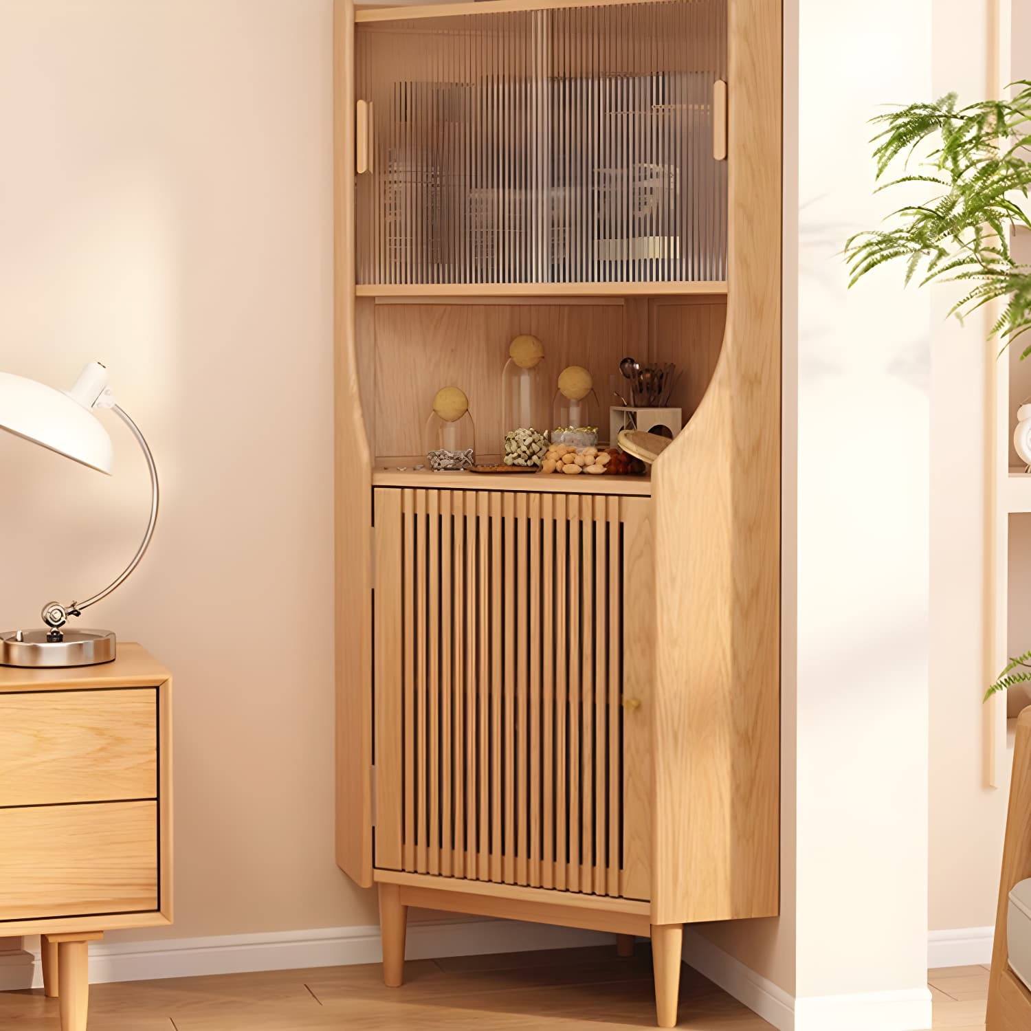 Corner Scandinavian Accent Cabinet with Wood Counter Top and Glass Doors, 2 Exterior Shelves thumbnail 6