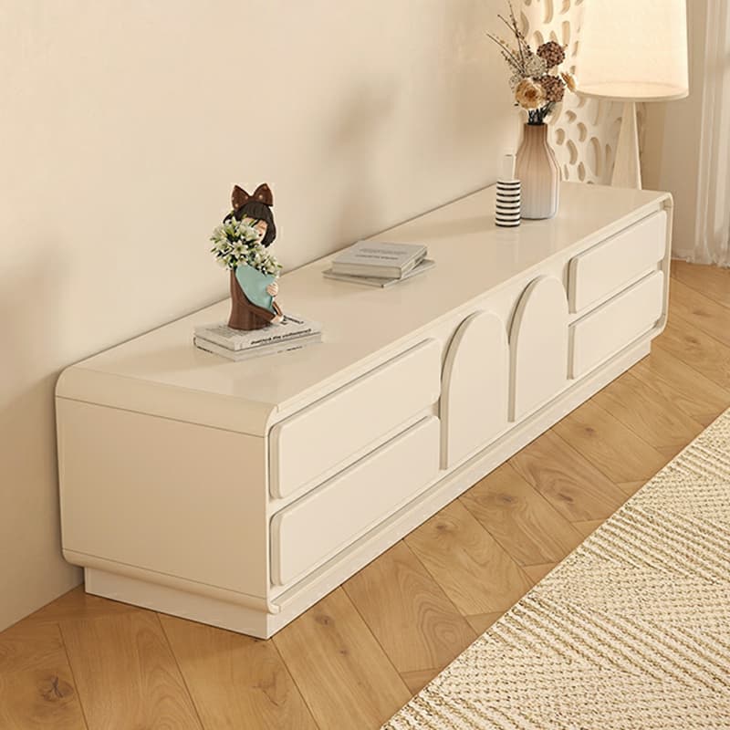 White Modern TV Stand with Low Height, 4 Drawers, 1 Cabinet and Legs - Full Assembly Needed thumbnail 1
