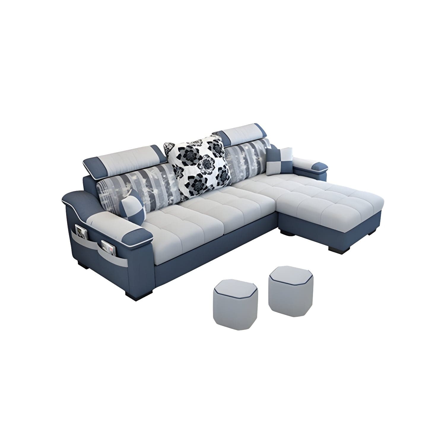 Modern Reversible Straight Sectional Sofa with Ottoman in Linen Upholstery, Sloped Arms thumbnail 5
