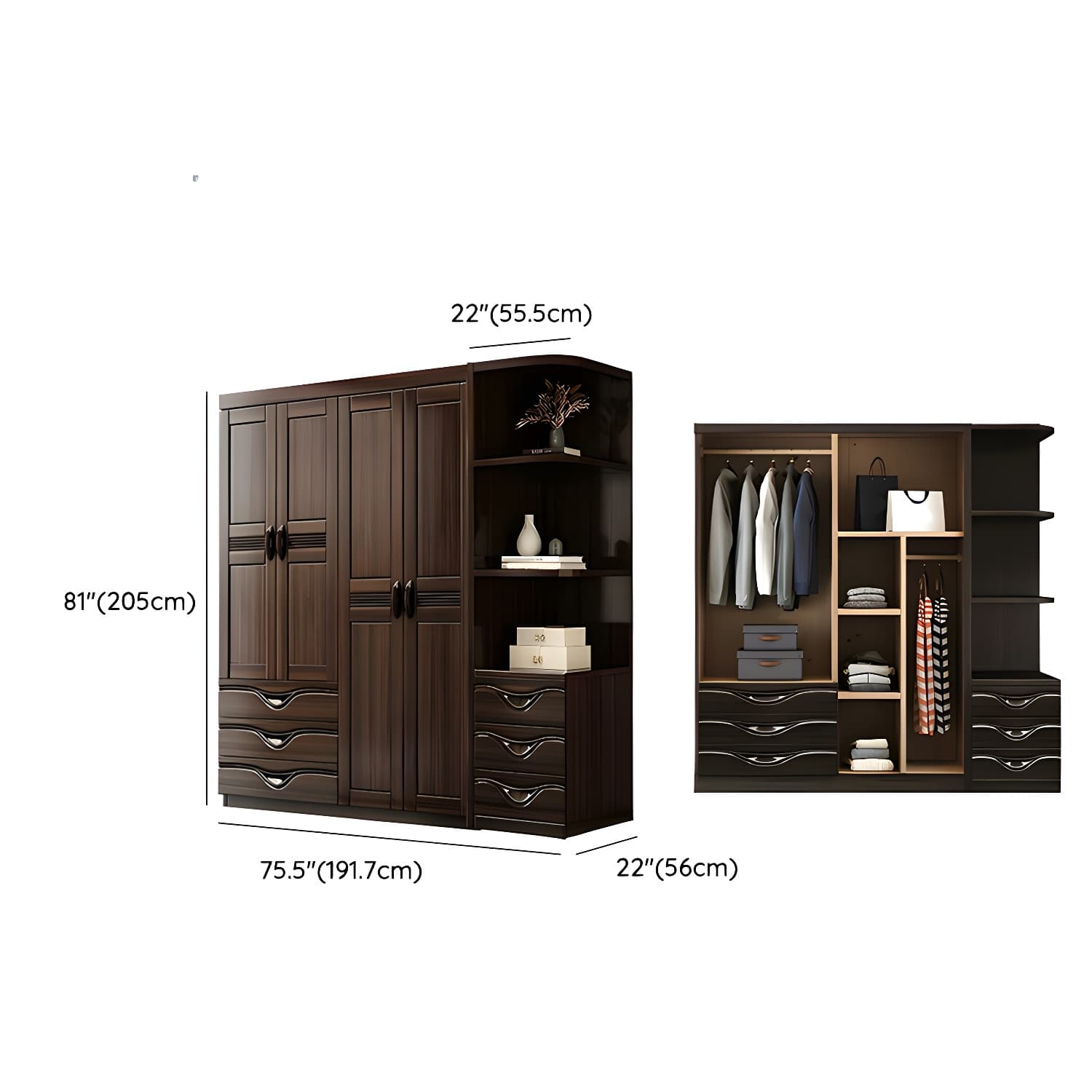 Traditional Black-brown Storage Wood Wardrobe with Clothing Rod and Shelves thumbnail 14