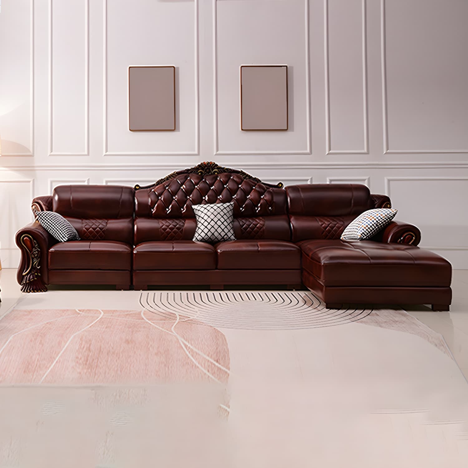 Genuine Leather Rolled Arm Sectional 36.22"High Camel Back Sofa, Dark Brown thumbnail 5