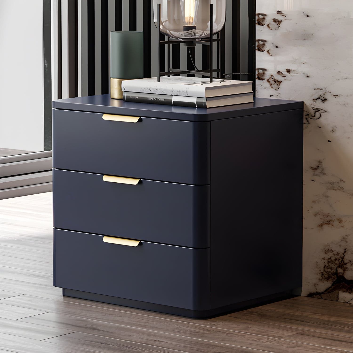 Contemporary Accent Table Nightstand Leather Nightstand with 3 Drawers thumbnail 1