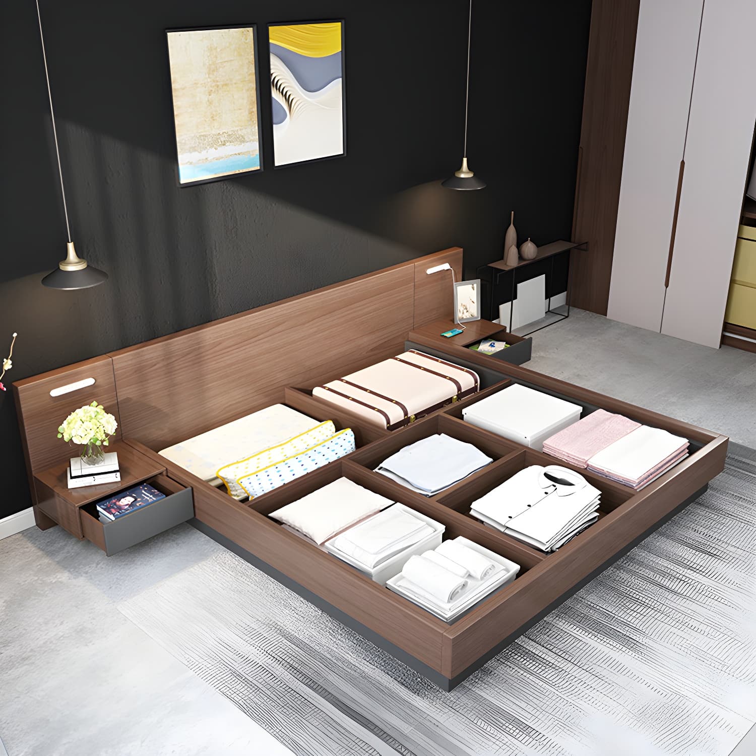 Lift Up Storage Platform Bed Contemporary Platform Bed Frame with Headboard thumbnail 13