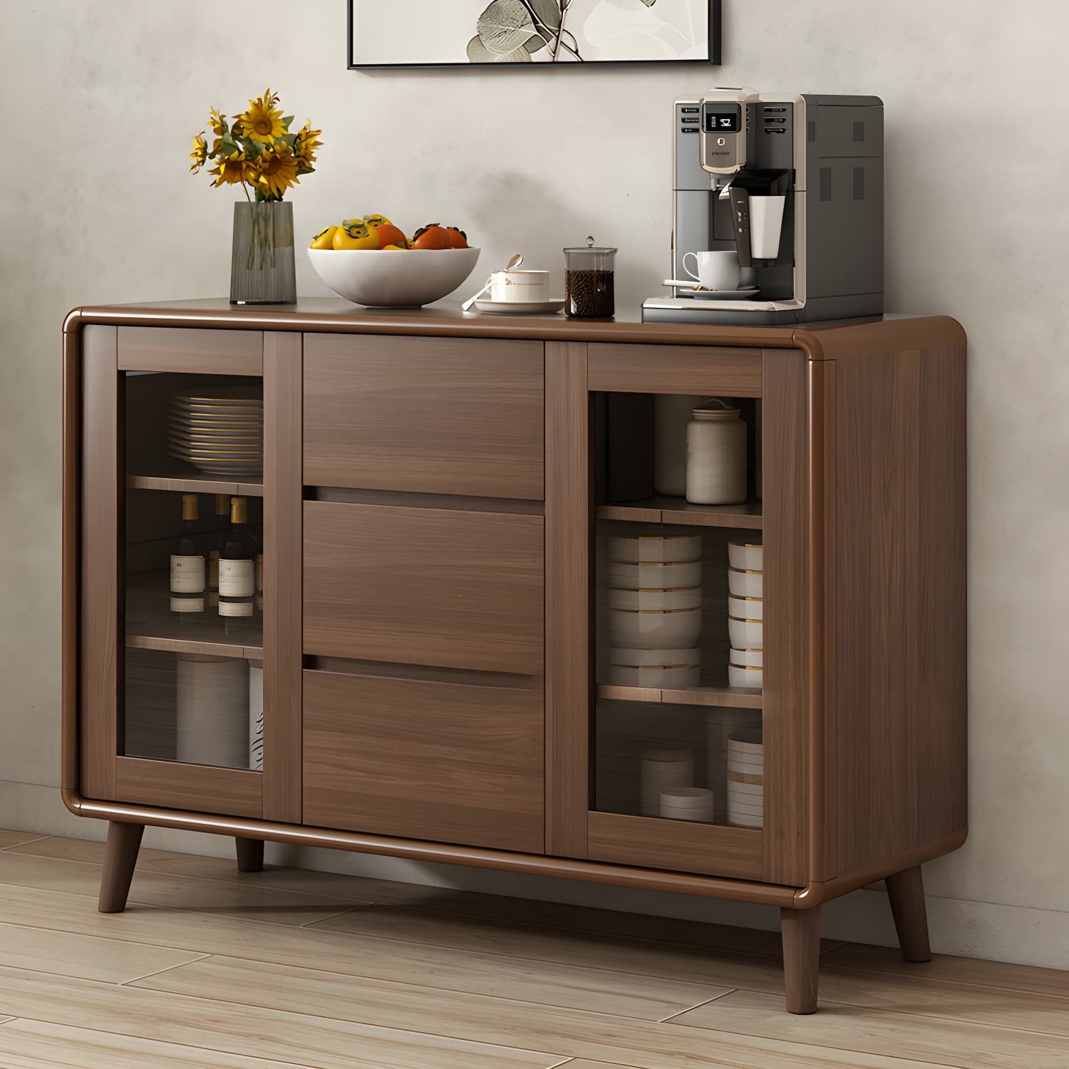 Modern Brown Wood Sideboard with Cabinets and Drawers - Stylish and Functional Buffet for Storage thumbnail 3
