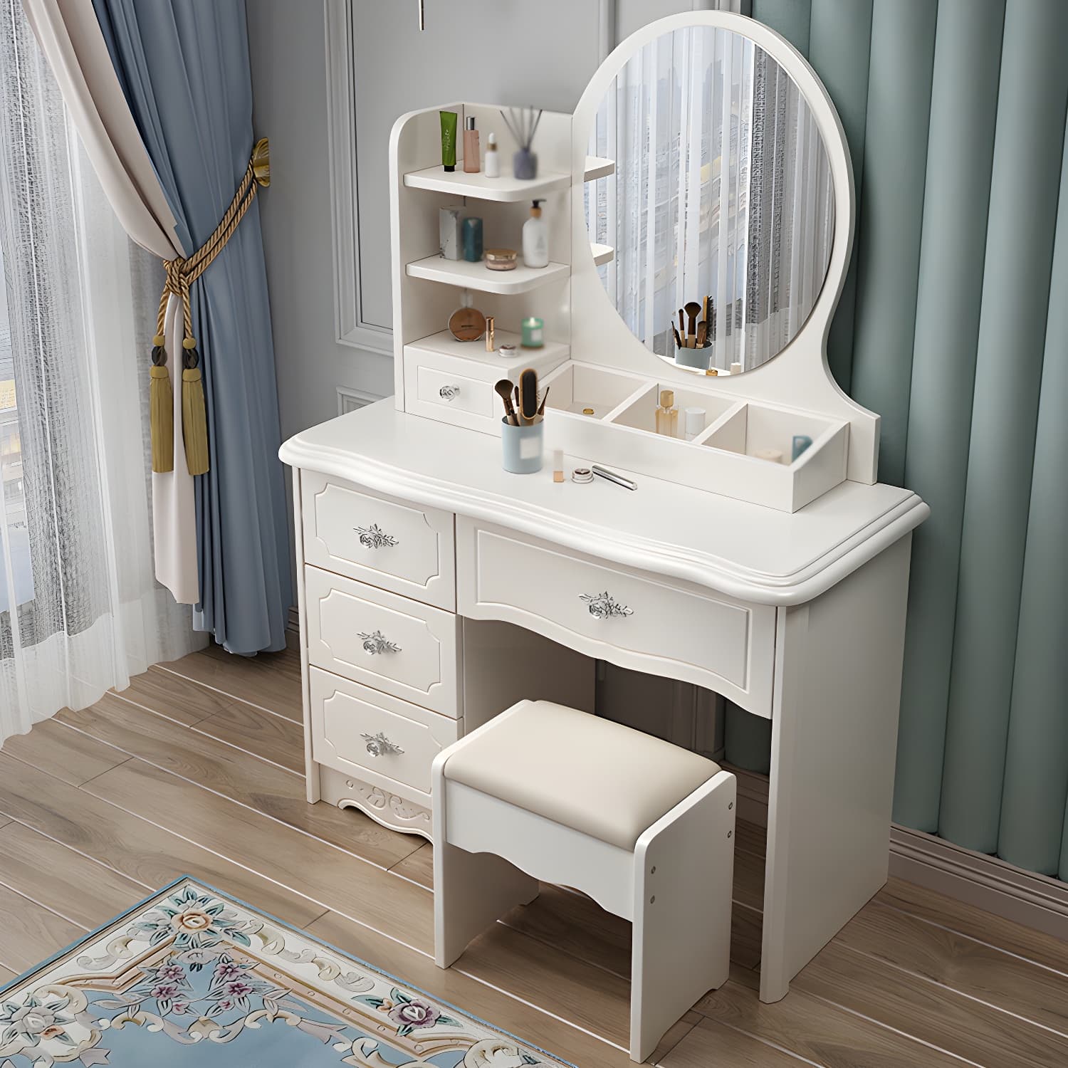 Modern White Wood Makeup Vanity with Seating & Standing Mirror thumbnail 1