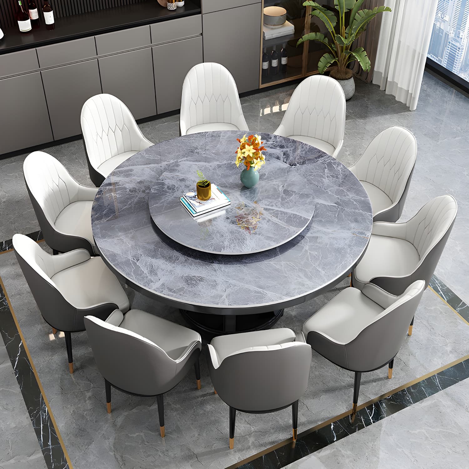 Round Stone Turntable Table Minimalist Furniture with Pedestal Base thumbnail 3