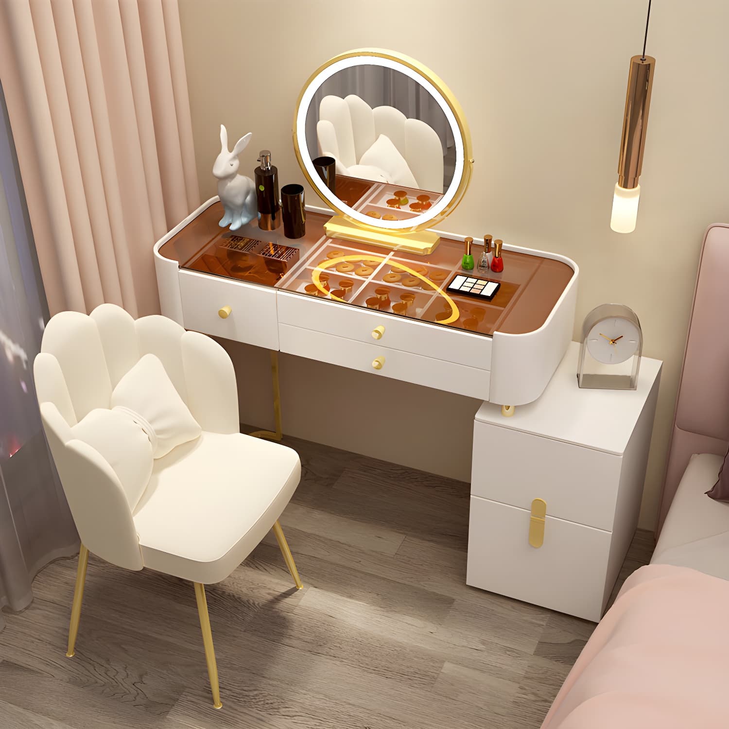 Modern Solid Wood Makeup Vanity Desk Bedroom Vanity Dressing Table Set thumbnail 4