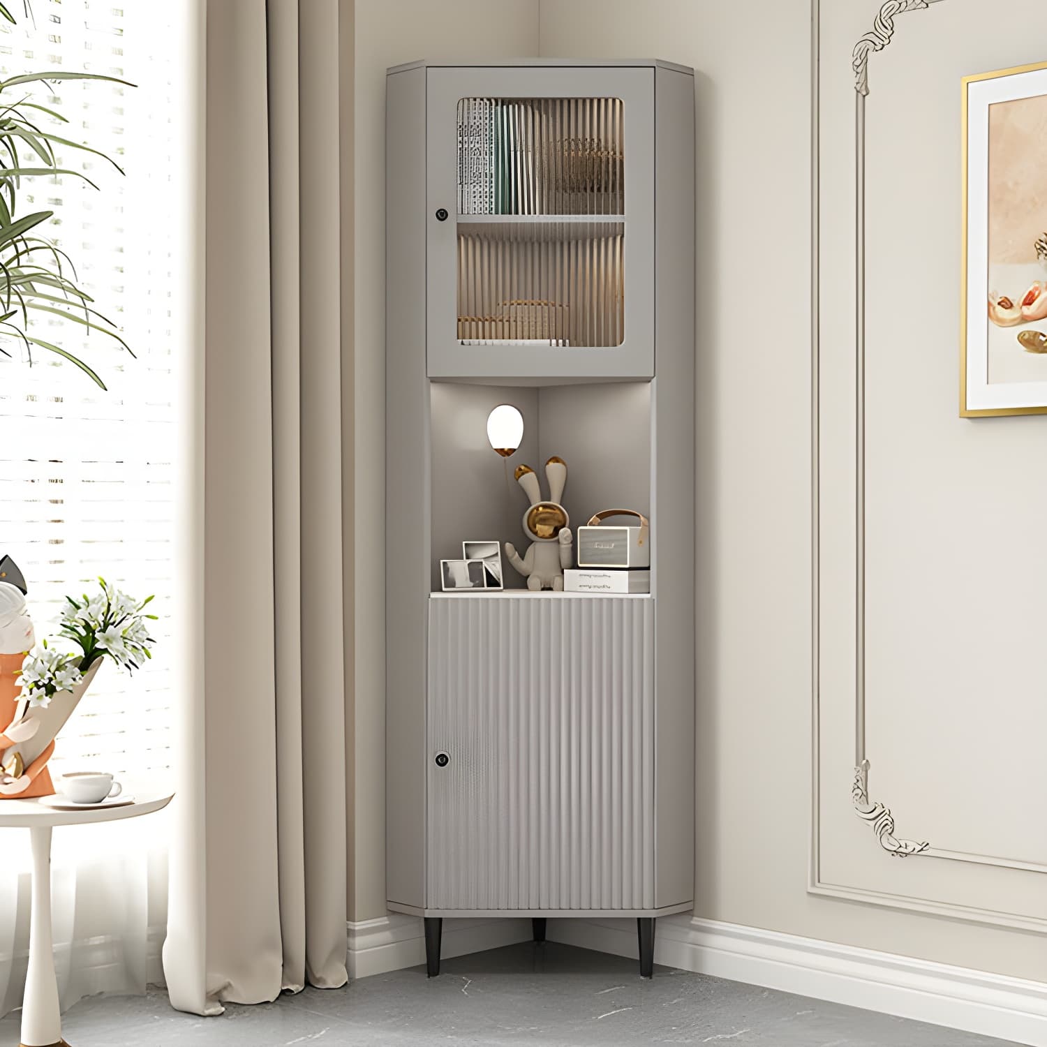 White Corner Modern Accent Cabinet with Stone Countertop, Glass Doors, and Cabinet Included thumbnail 14
