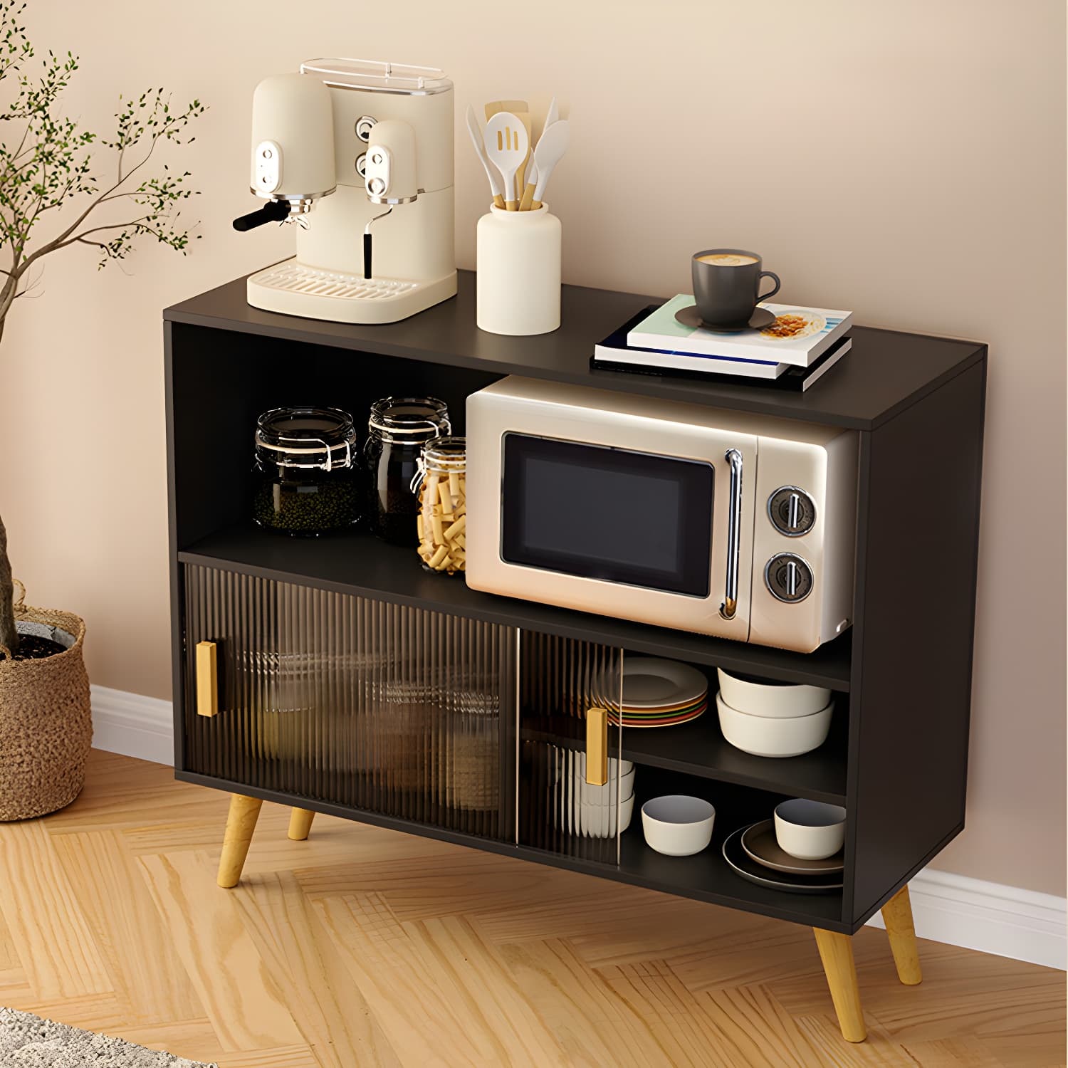 Scandinavian Wood Buffet Table with Acrylic Sliding Doors and Cabinet thumbnail 9