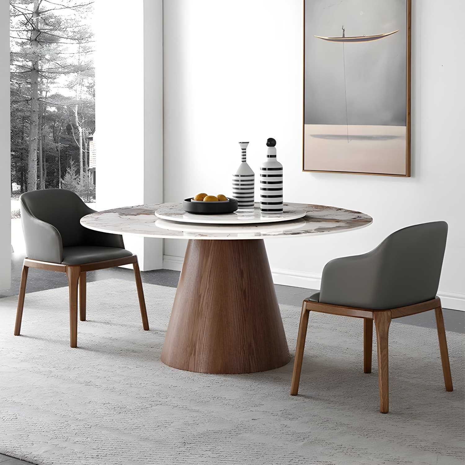 Round Sintered Stone Dining Table Stone Table in White with Pedestal thumbnail 3