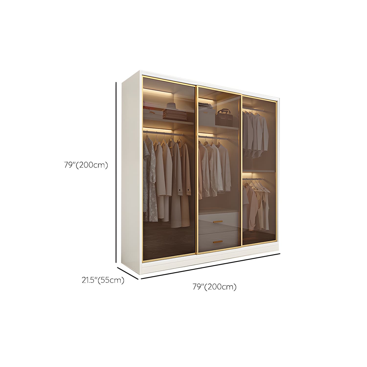 Modern White Wood Frame Wardrobe Freestanding Wardrobe with Sliding Glass Doors thumbnail 14