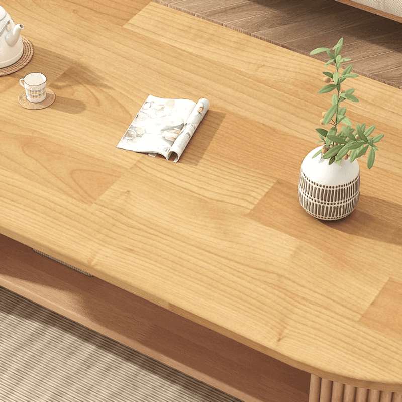 Oval Natural Wood Coffee Table with Twin Support Base, Repository, and 1 Shelf thumbnail 12