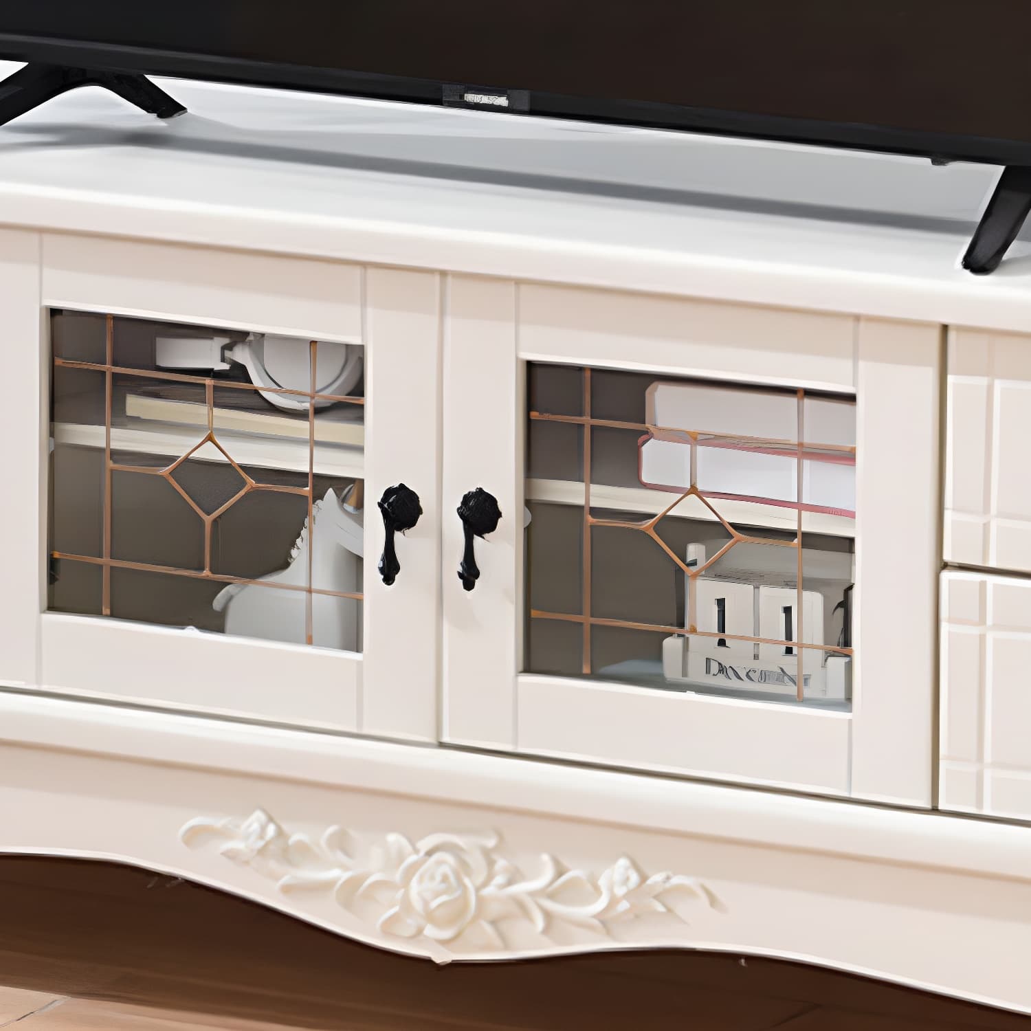Traditional Solid Wood TV Cabinet Living Room Luxury TV Stand with Glass Doors thumbnail 8