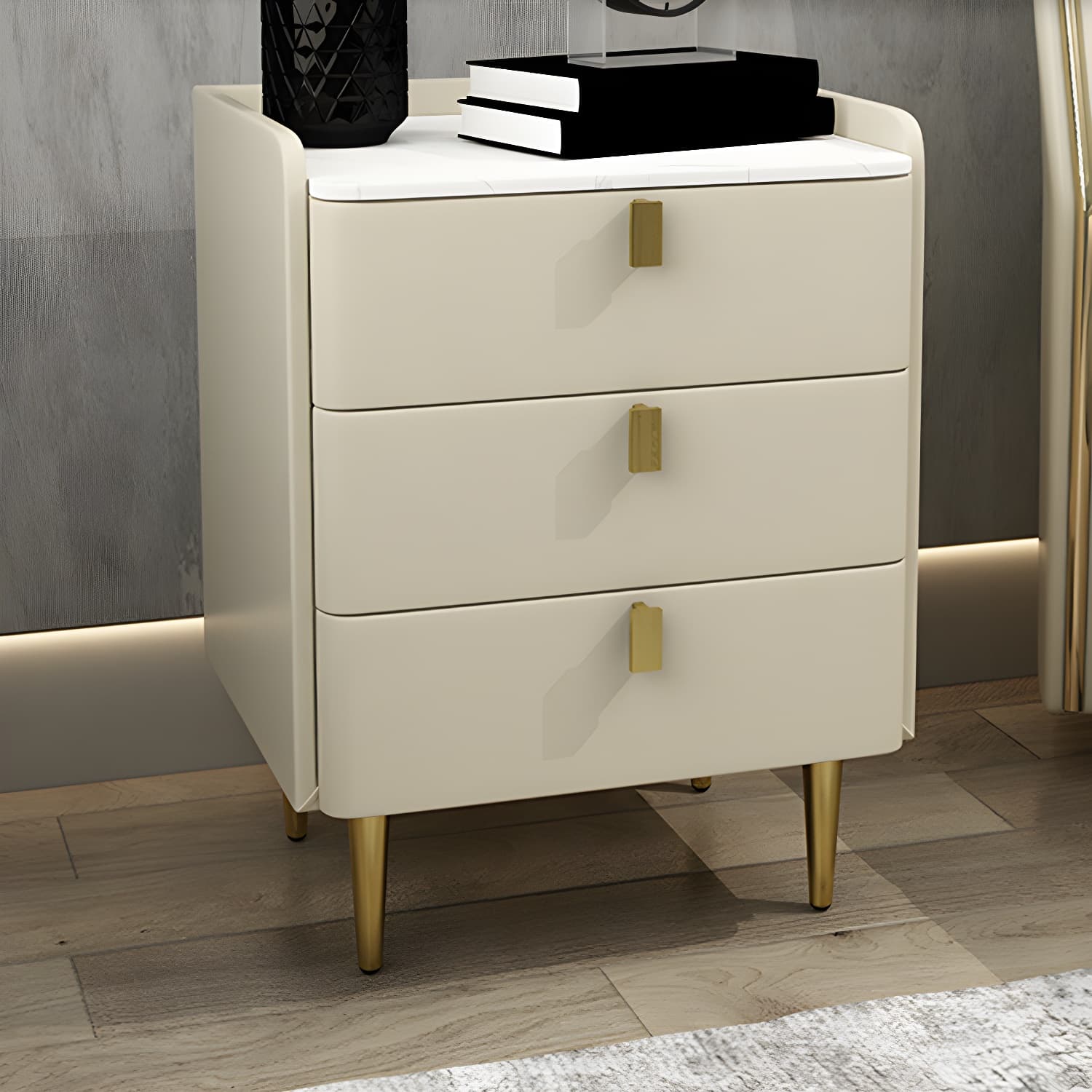Faux Leather Nightstand Modern 3 - Drawer Nightstand with Stone Top thumbnail 6