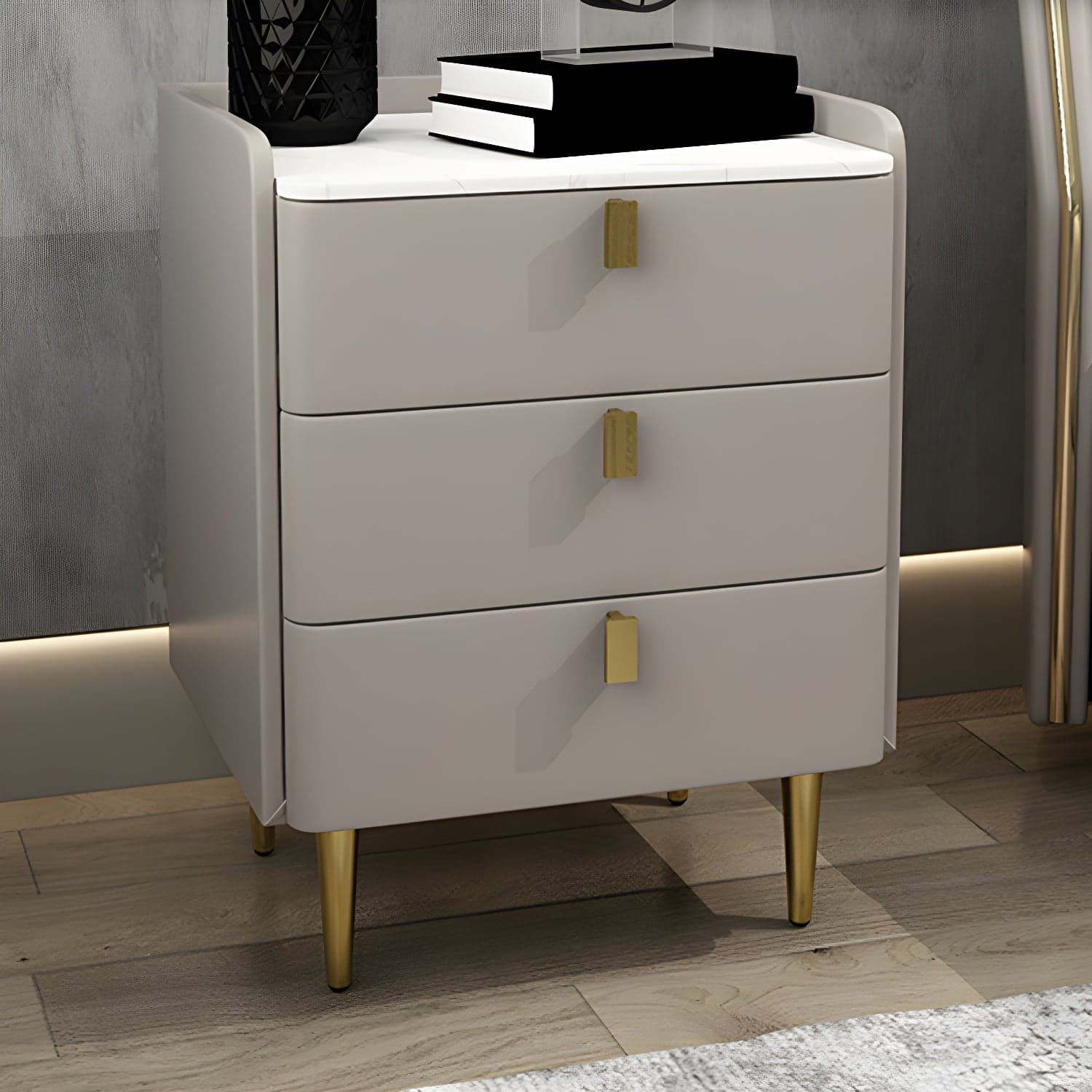 Faux Leather Nightstand Modern 3 - Drawer Nightstand with Stone Top thumbnail 7