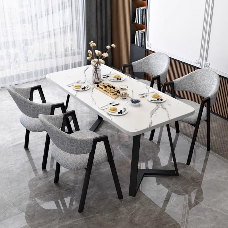 Dining Table Set with Sleighing Slate Top and Padded Chair with Back and Armrest, 5-piece in White thumbnail 3