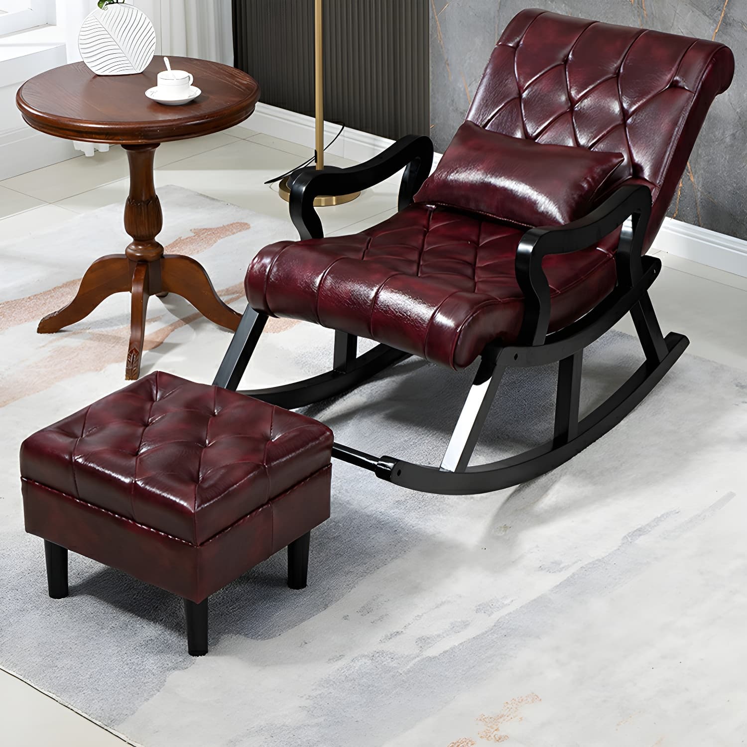 49" Wide Solid Wood Faux Leather Rocking Accent Chair with Legs thumbnail 13