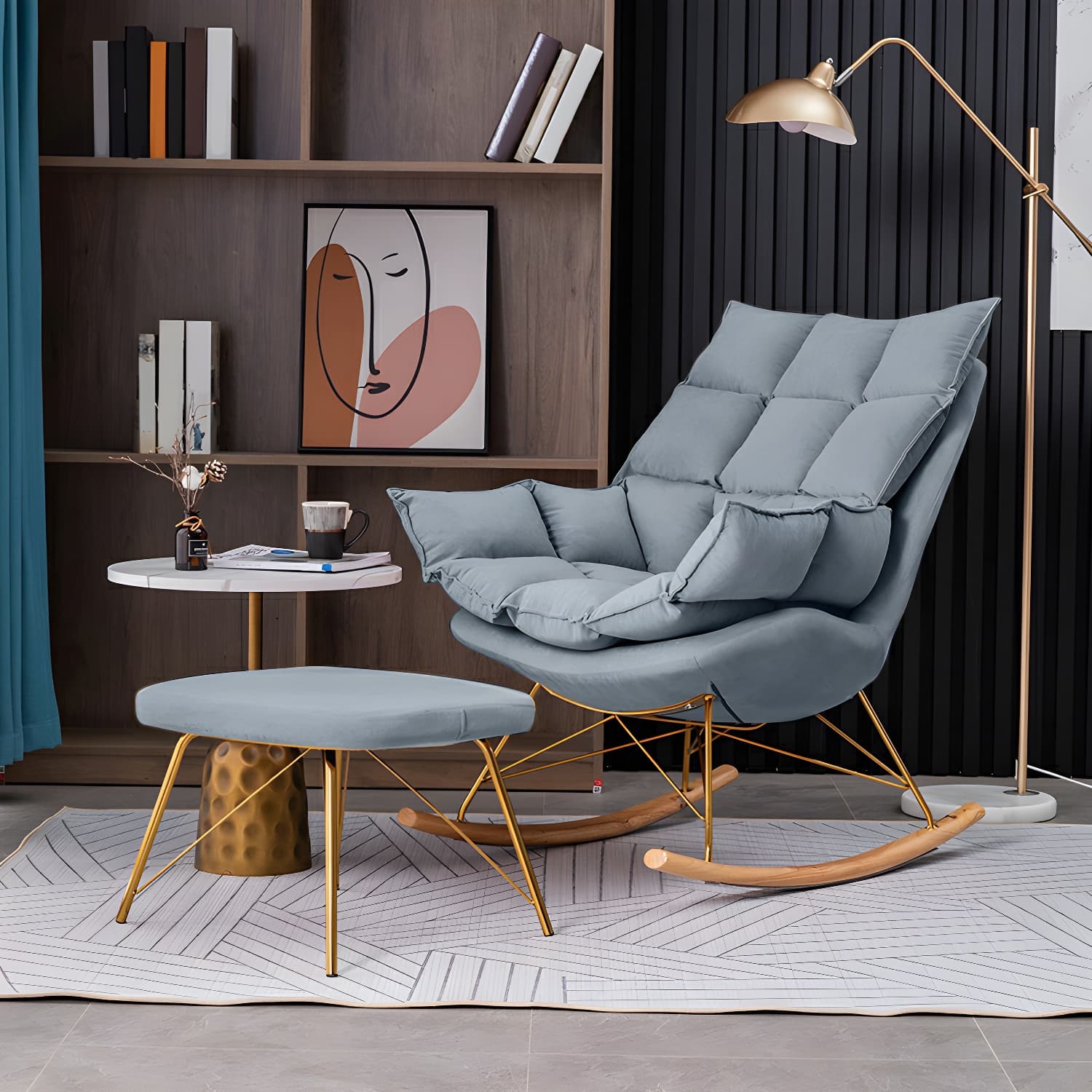 Rocking Accent Chair Upholstered Contemporary Living Room Spindle Tufted Cushions thumbnail 3