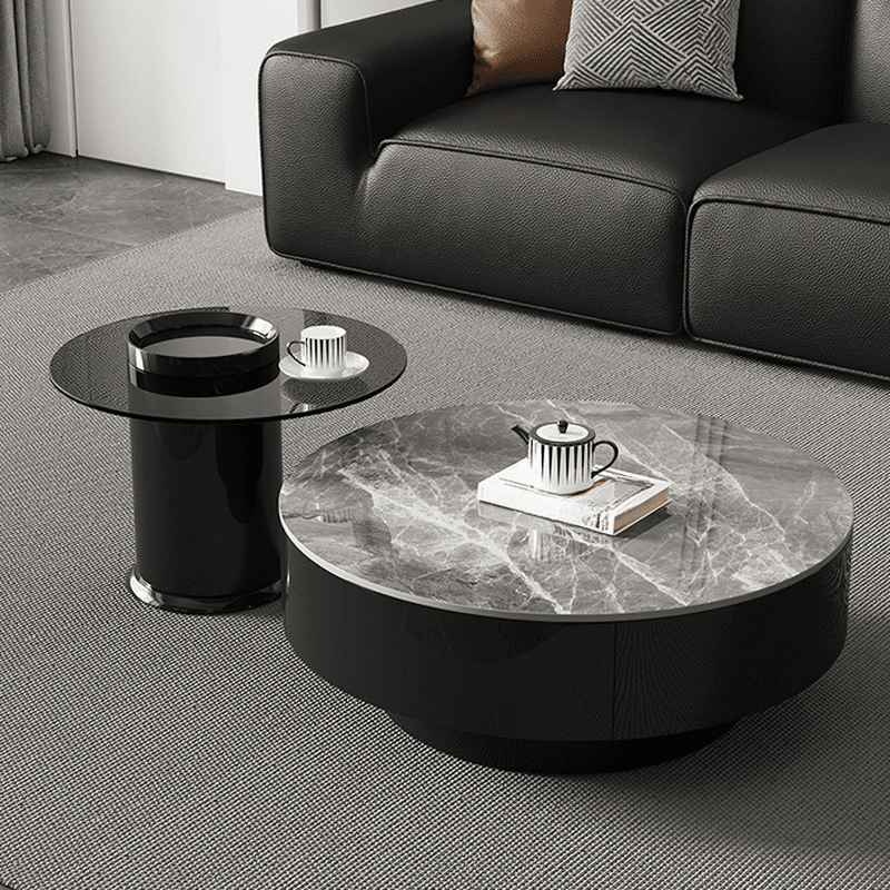 Elegant 1-Tier Circular-shaped Slate Side Table with Drum Base and Midnight Black Top, Includes 2 Drawers/1 Drawer thumbnail 4
