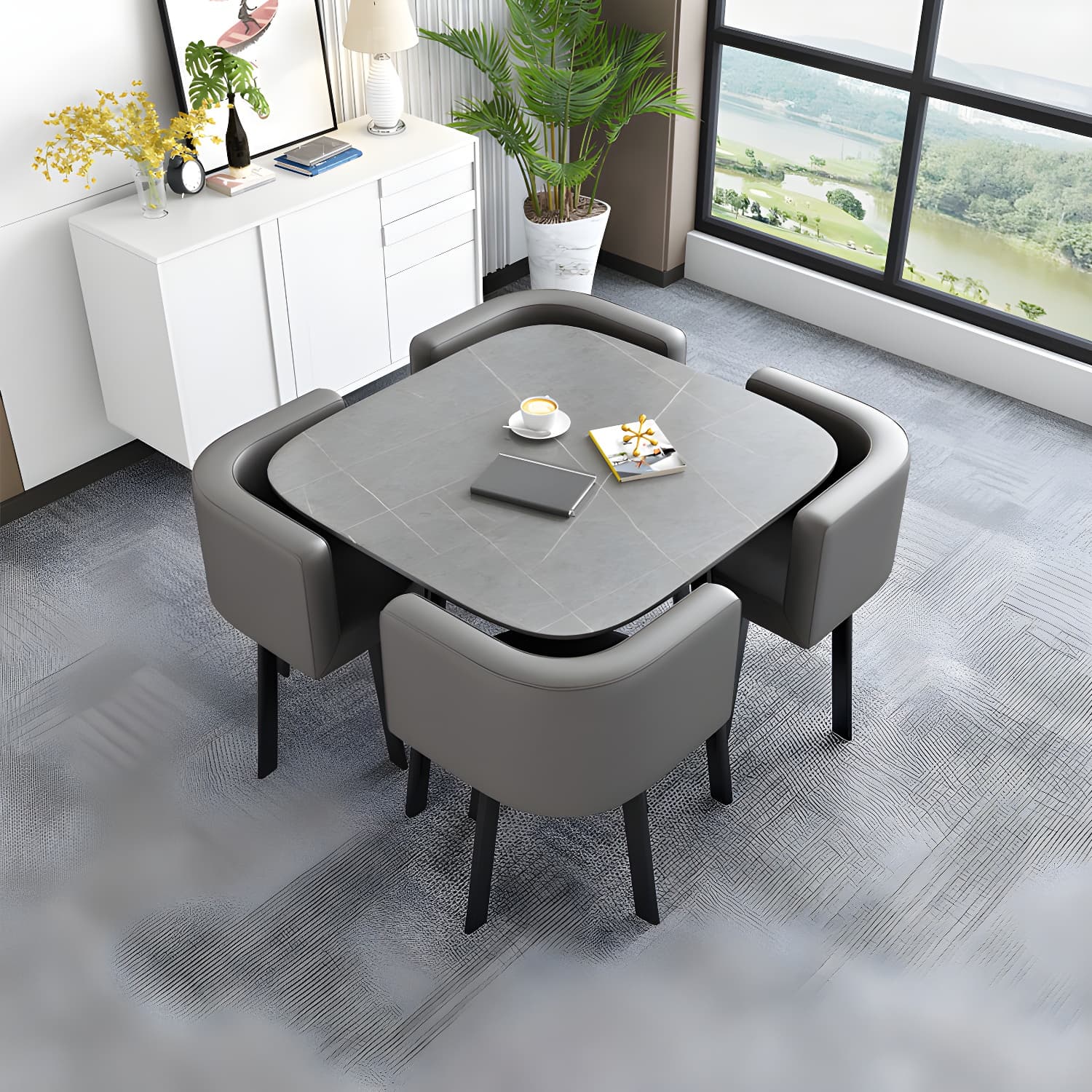5 Piece Square Shape Sintered Stone Top Dining Room Table Set thumbnail 5