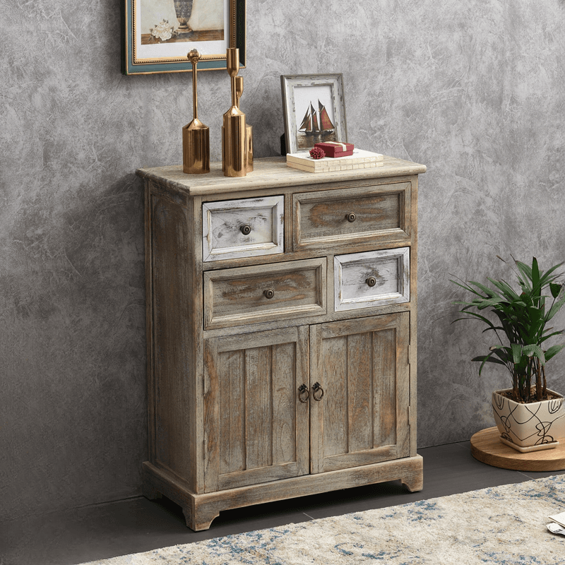 Industrial Detached Utility Cabinet with Distressed Wood and 4 Drawers Featuring Loop Pulls thumbnail 9