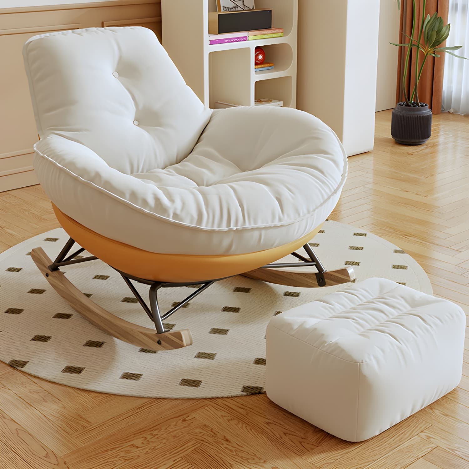 Indoor Contemporary Rocking Chair with Beige Upholstered and Wood Legs thumbnail 13