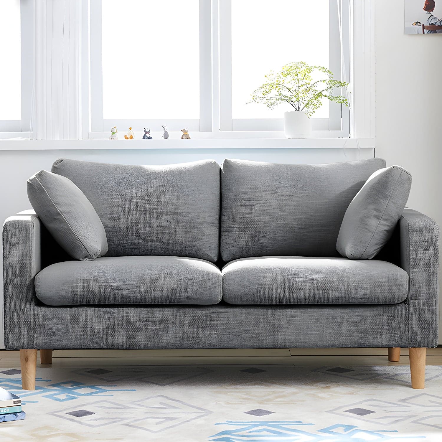 Contemporary Square Arm Couch Faux Leather Loveseat with Pillows thumbnail 11