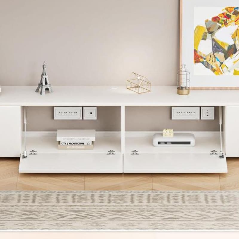 White Modern TV Stand with Low Height, Drawers, and Cable Management - Easy Full Assembly thumbnail 6