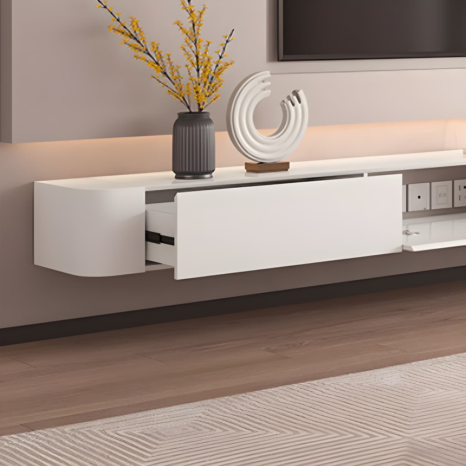 Scandinavian Solid Wood Frame Wall-mounted TV Media Stand with Drawers and Door thumbnail 7