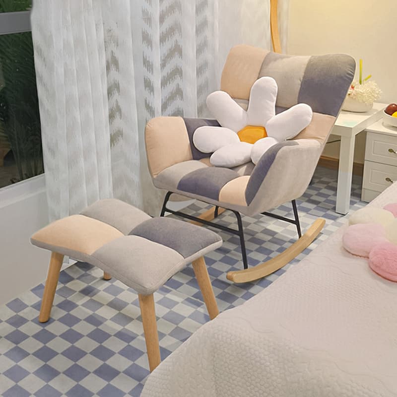 Cotton Cushioned Seat & Back Stationary Rocking Reading Chair with Flared Arm, Footstool, Wing Back & Light Wood Legs thumbnail 16