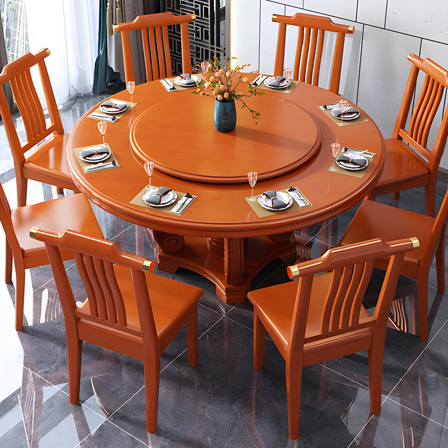 Round Solid Wood Dining Table Modern Turntable Furniture with Pedestal Base thumbnail 9