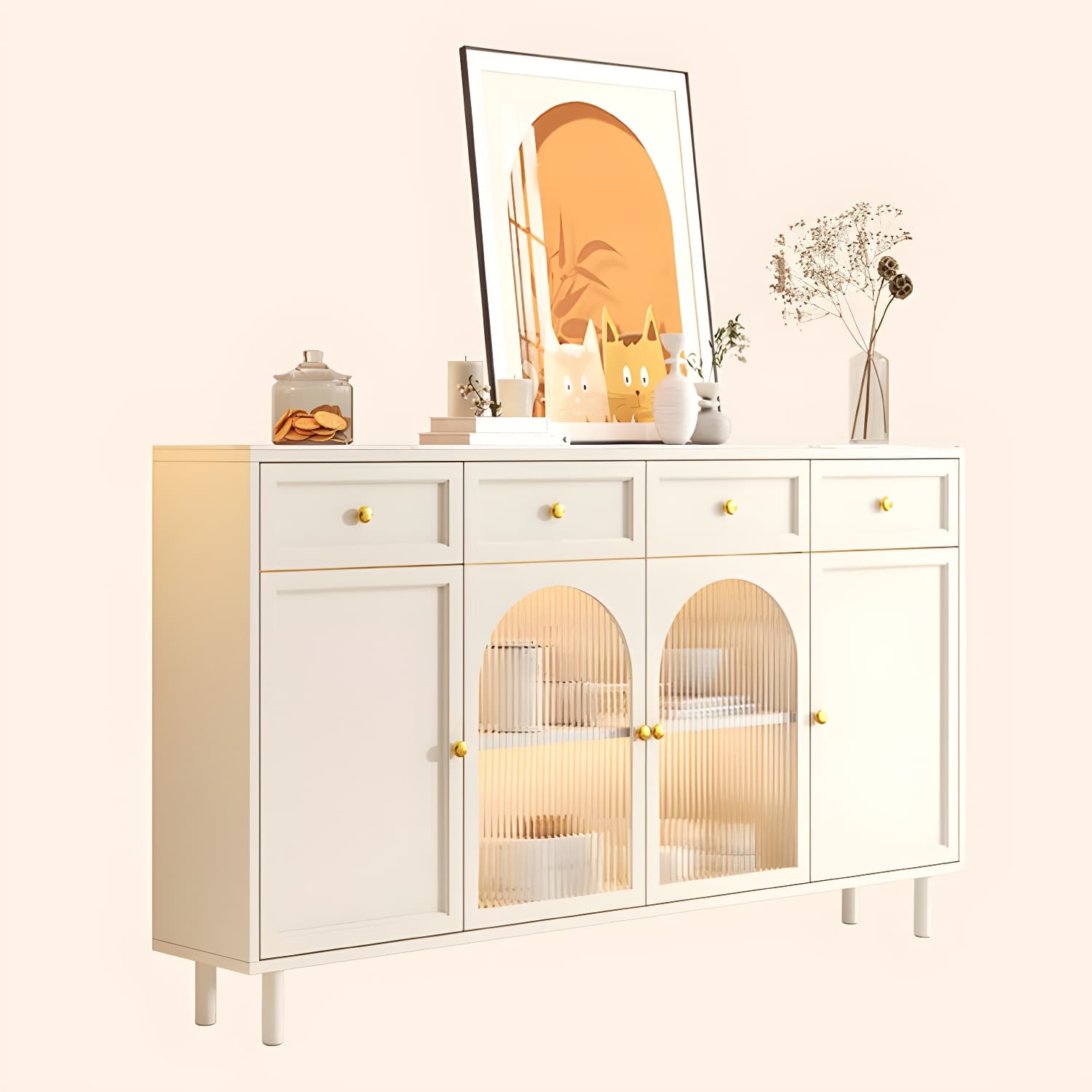 Scandinavian Wood Buffet Sideboard with Stone Countertop and Glass Doors thumbnail 12