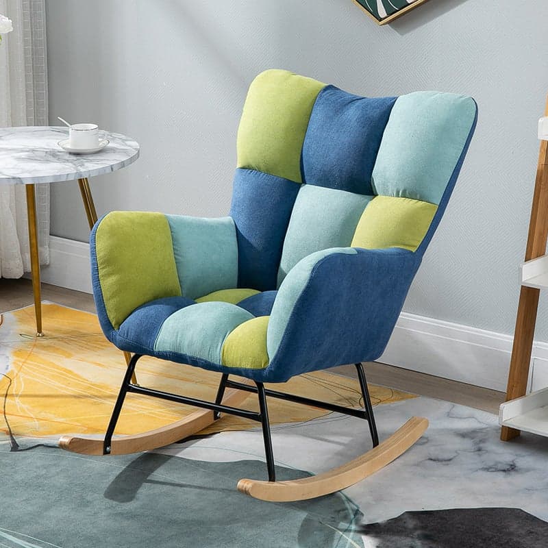 Cotton Cushioned Seat & Back Stationary Rocking Reading Chair with Flared Arm, Footstool, Wing Back & Light Wood Legs thumbnail 2