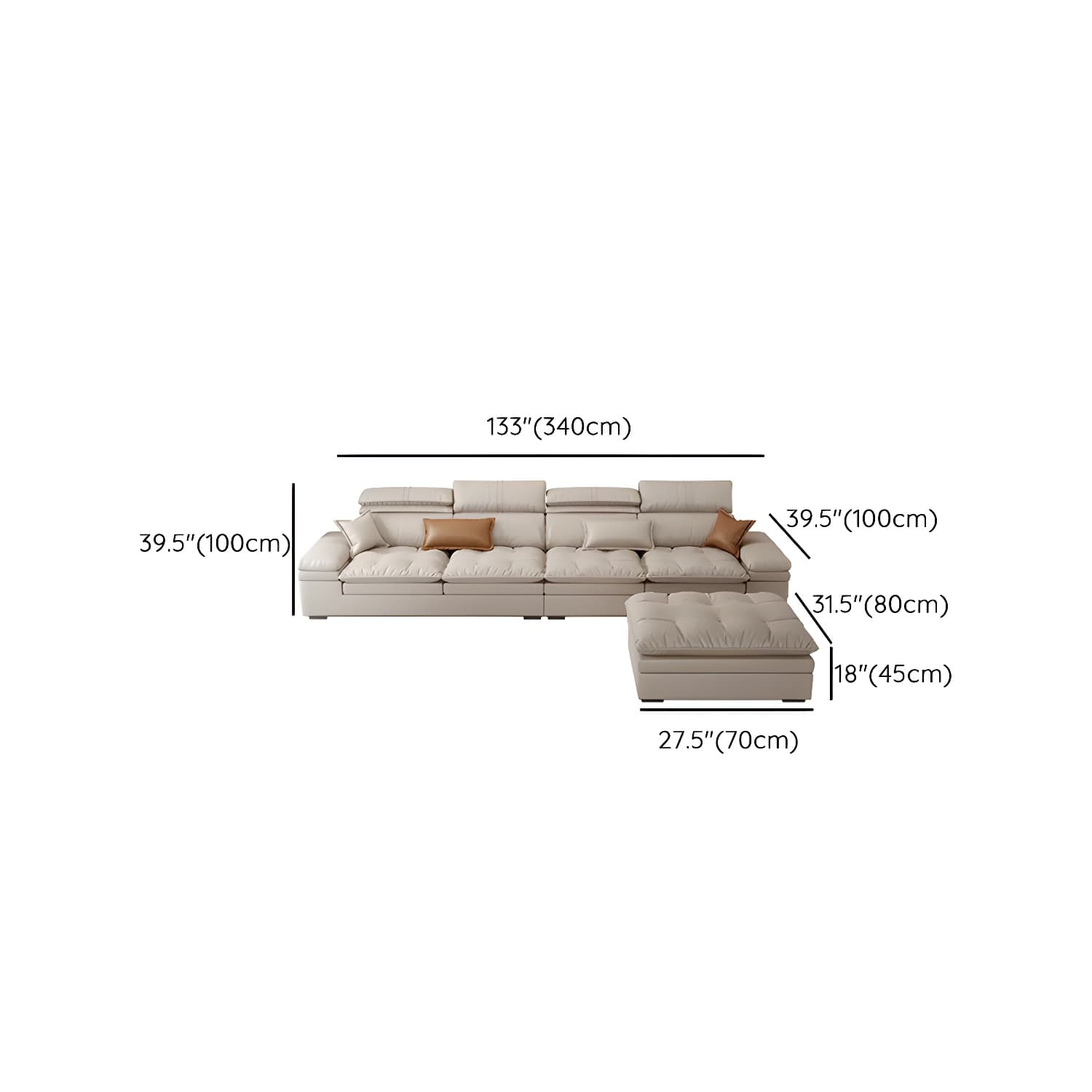 Modern Beige Faux Leather Stationary Sectional Sofa with Adjustable Headrest and Wood Frame thumbnail 12