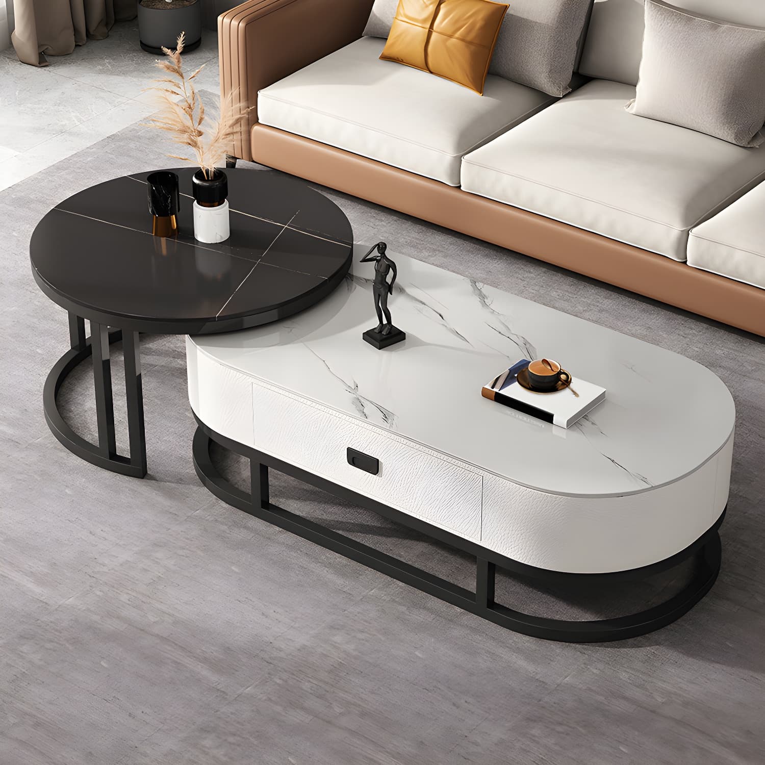 Slate Coffee Table Oval Nesting Coffee Table Set with Metal Legs thumbnail 6