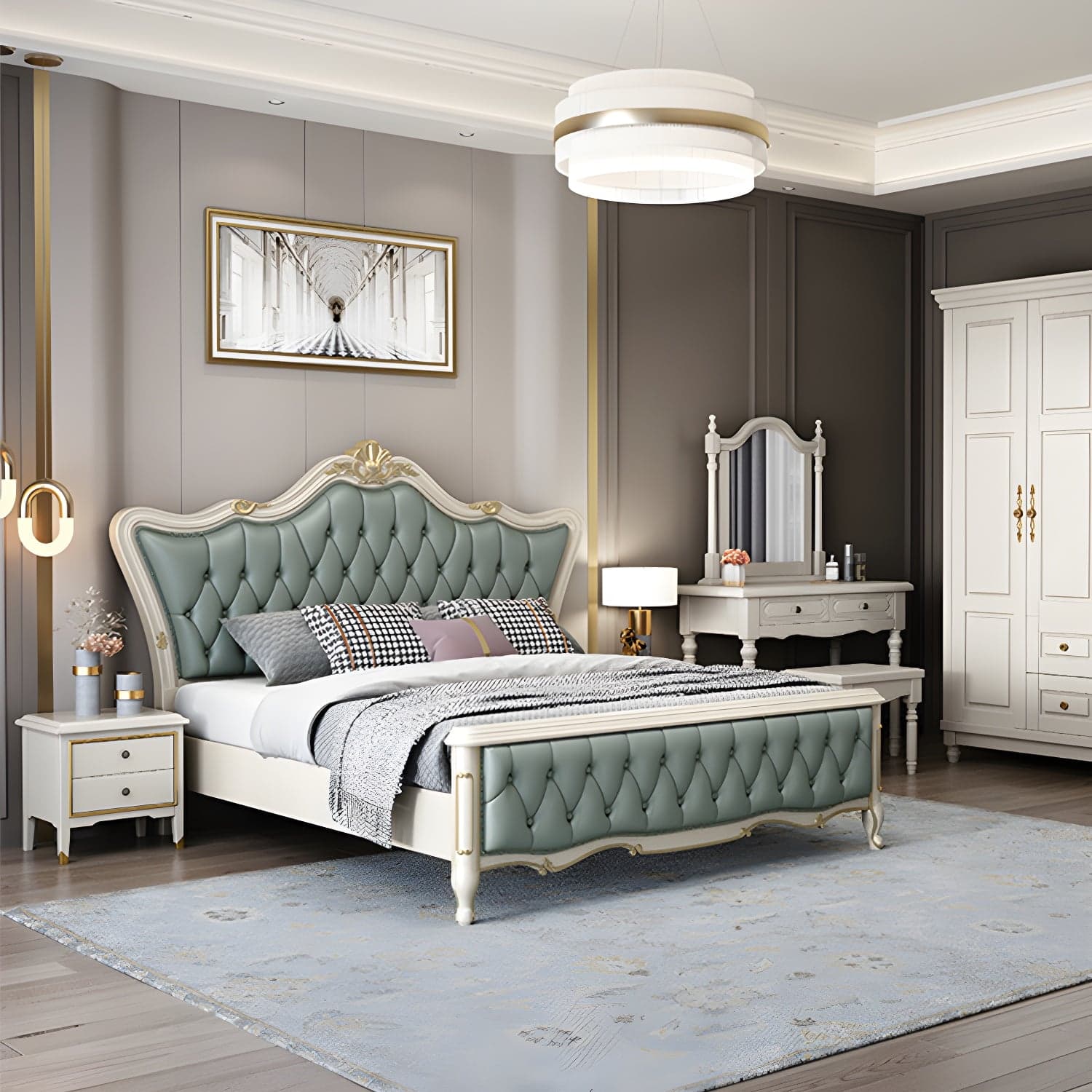 84.65 inch Wide Glam Bed Frame Rubberwood Solid Color Standard Bed with Headboard thumbnail 5