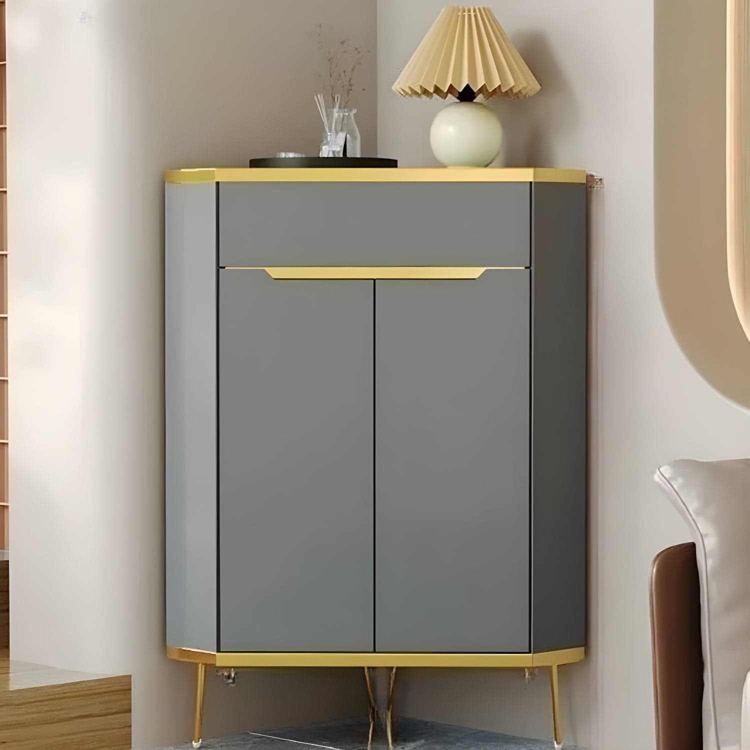 Glam Gold Corner Cabinet with Drawers and Cabinet Included- Scratch resistant & Soft-Close Doors thumbnail 1