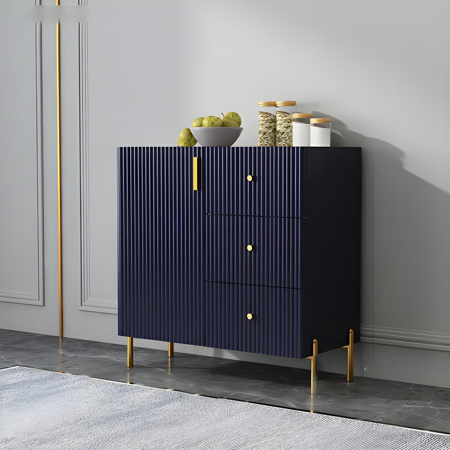 Living Room Glam Faux Wood Sideboard with Shelves and 3 Drawers