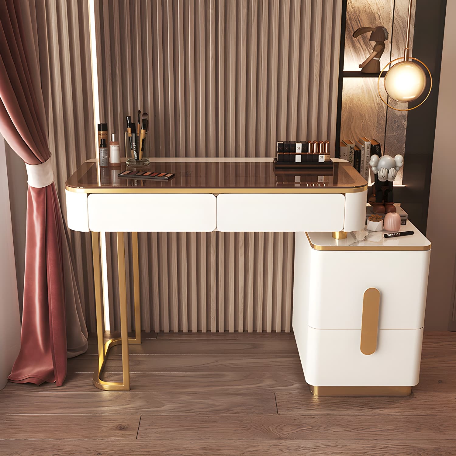 Glass Top Make-up Vanity Wood Dressing Table with Storage Drawers thumbnail 4