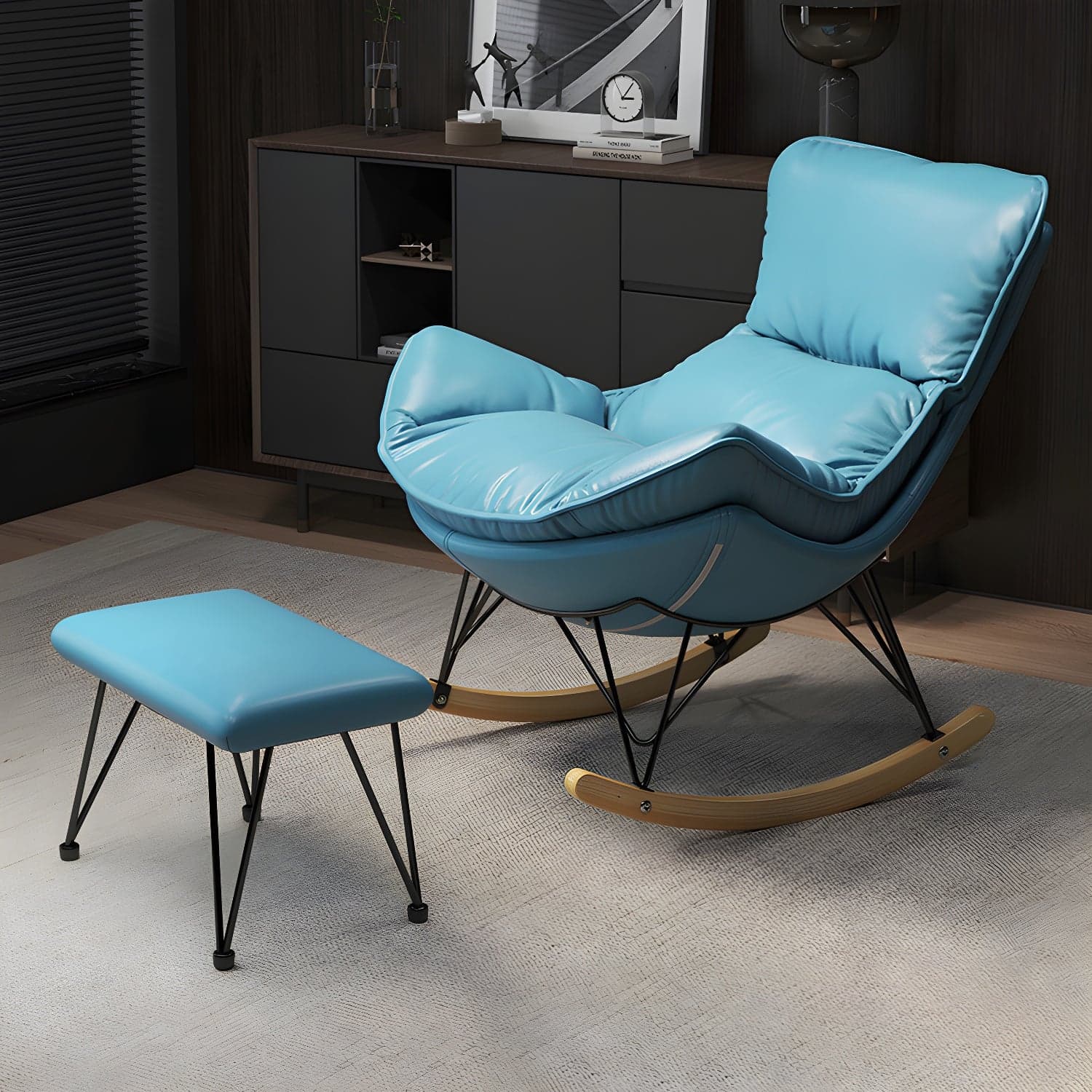 Wing Back Rocking Chair Solid Wood Rocker Chair with Ottoman thumbnail 1