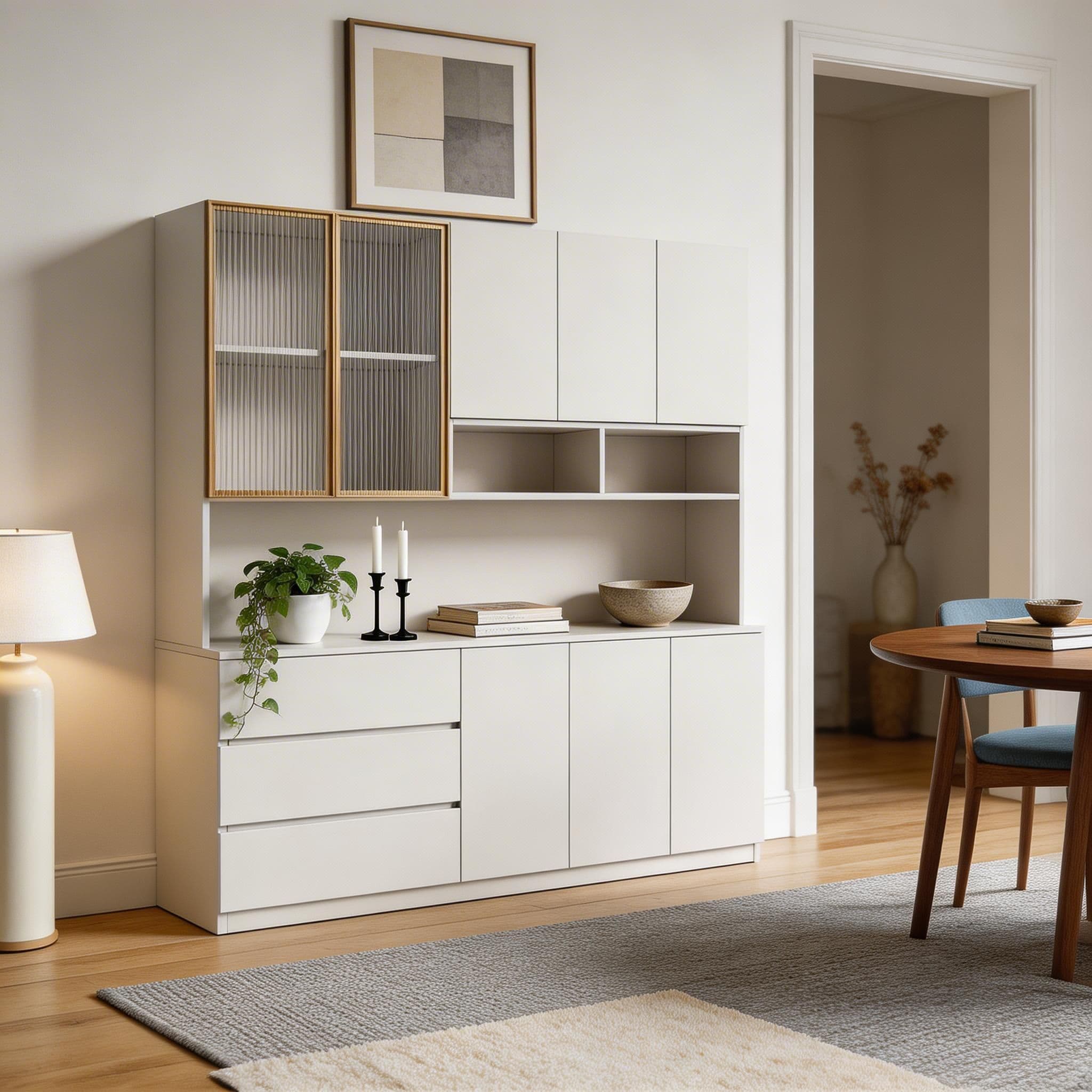 Trendy Sideboard with 3 Drawers, Cupboard, Wide/Standard/Narrow Sizes, 2/1 Shelves, Cabinets, and Glass-panel Door thumbnail 30