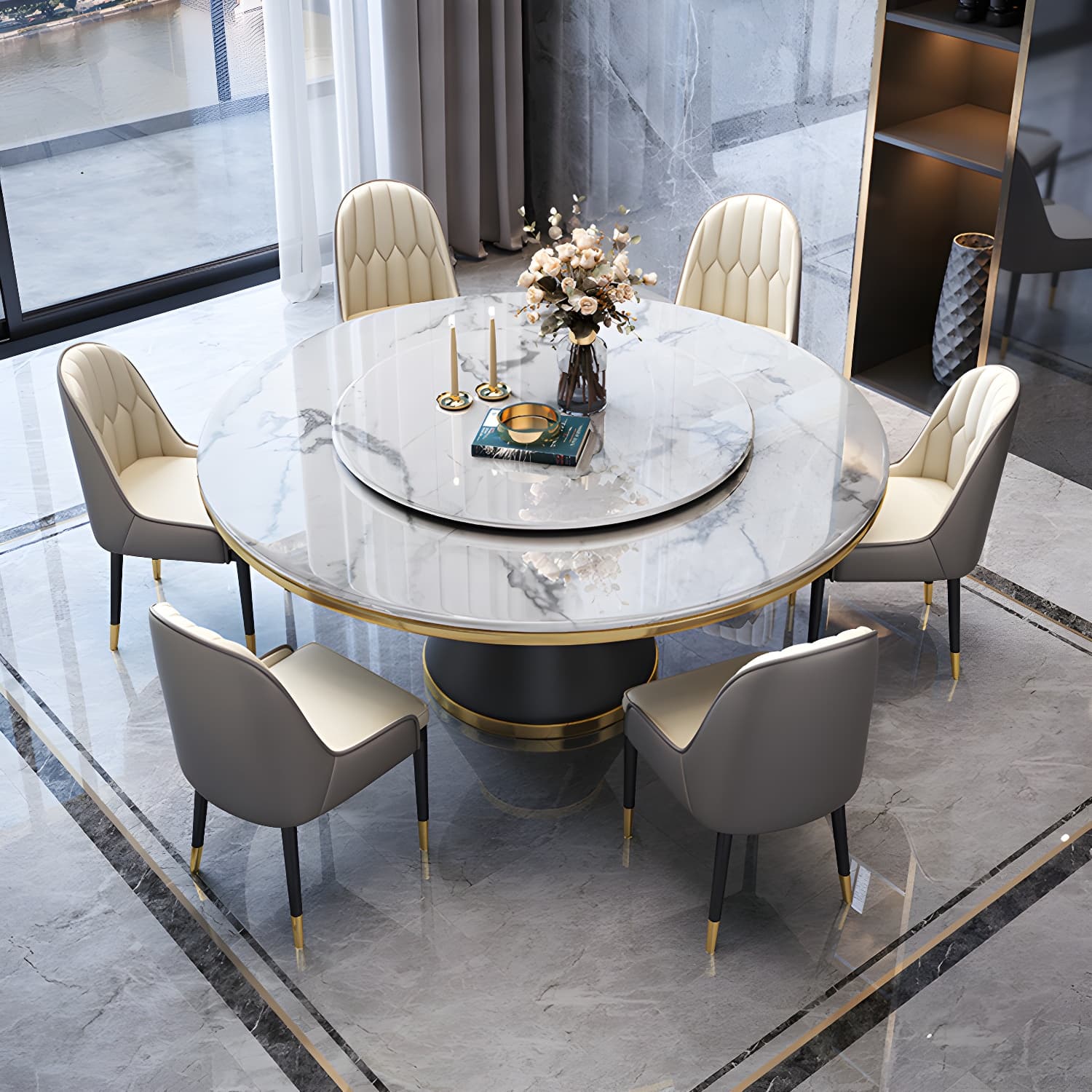 Glam Round Stone Dining Set in White - Fixed Table with Black Metal Pedestal Base thumbnail 5