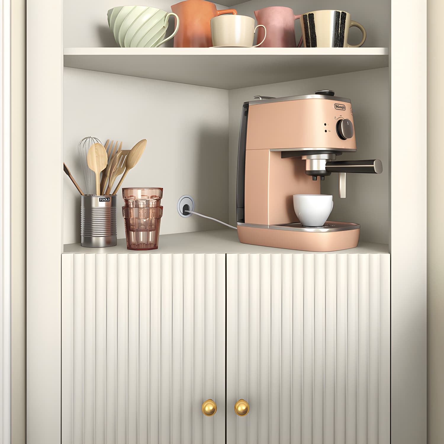 Modern Corner Accent Cabinet with White Wood Countertop, Glass Doors, and Gold Metal Base thumbnail 7