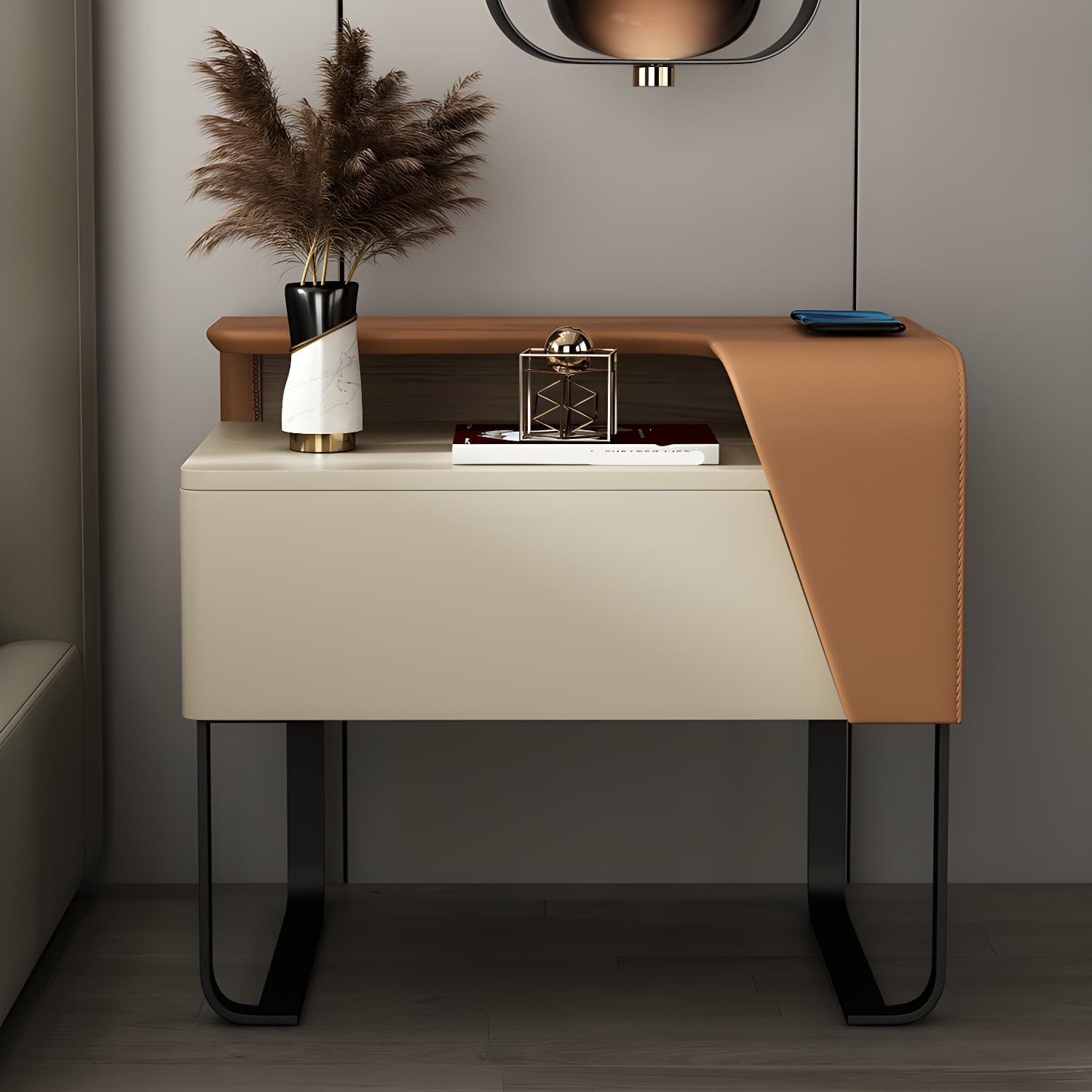 Modern Wooden Nightstand 19" Tall Sled Bedside Cabinet with Drawer thumbnail 17