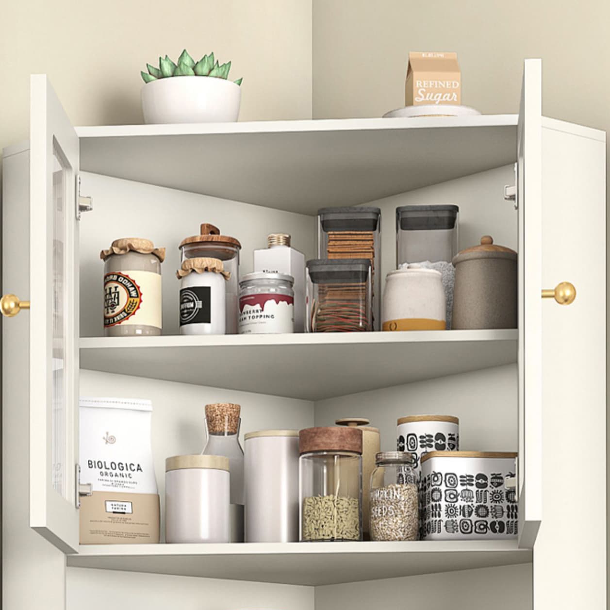 Modern Corner Accent Cabinet with White Wood Countertop, Glass Doors, and Gold Metal Base thumbnail 6
