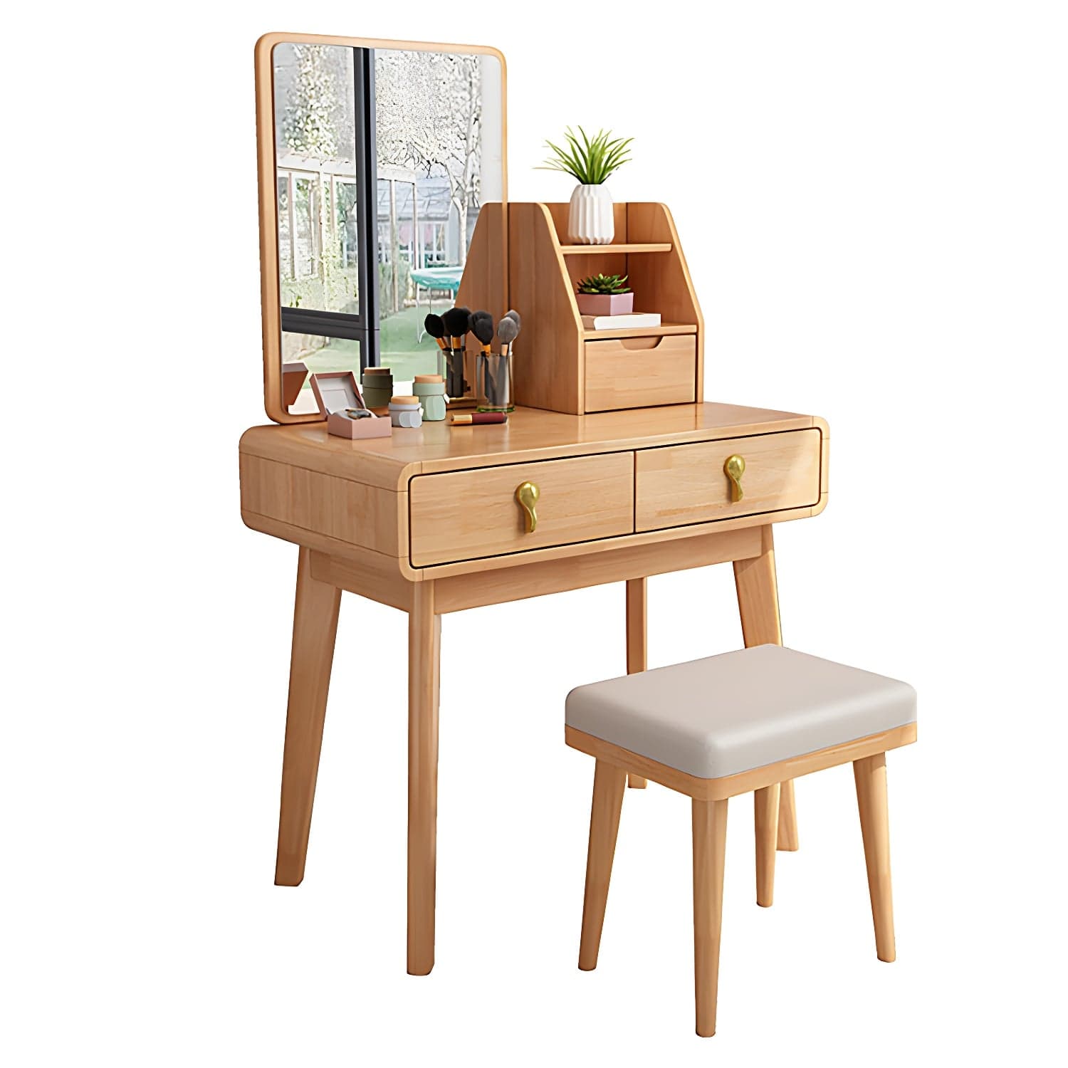 Scandinavian 3-Drawer Dressing Table Solid Wood Vanity Makeup Table Set thumbnail 13