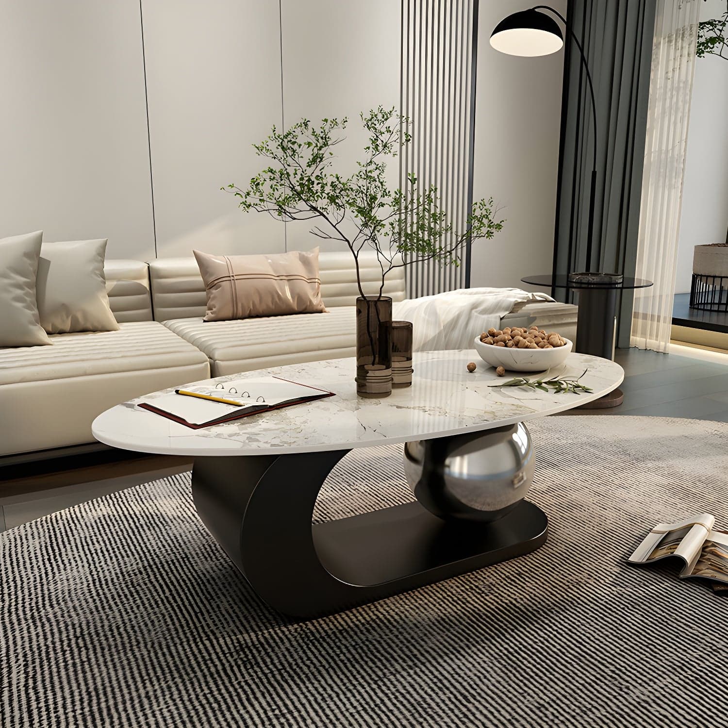 14"H Glam Coffee Table Slate Oval Pedestal Coffee Cocktail Table thumbnail 1
